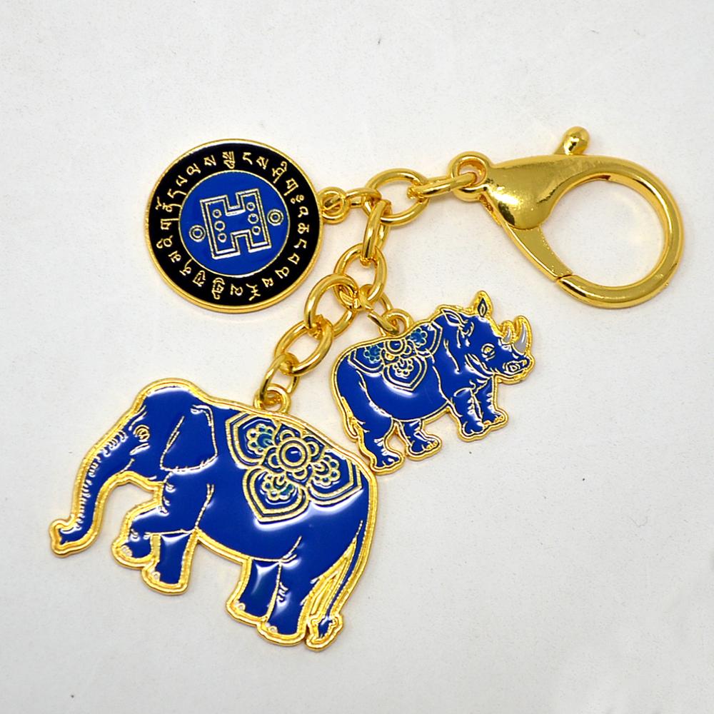 Porte-clés Anti-cambriolage Feng Shui, éléphant et rhinocéros bleus W4283