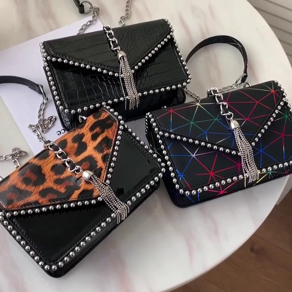 Bolso de charol con patrón de leopardo para mujer, cartera pequeña de cuero PU con cadena de hombro para mujer, monederos y bolsos informales