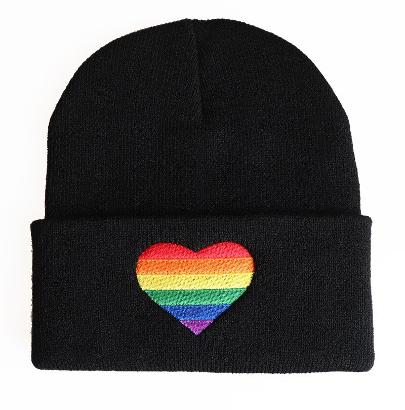Regnbågshjärta lgbt lesbisk gay mössa keps hip hop mössor stickad vinter varm mössa justerbar cool broderi mössa cosplay: Svart