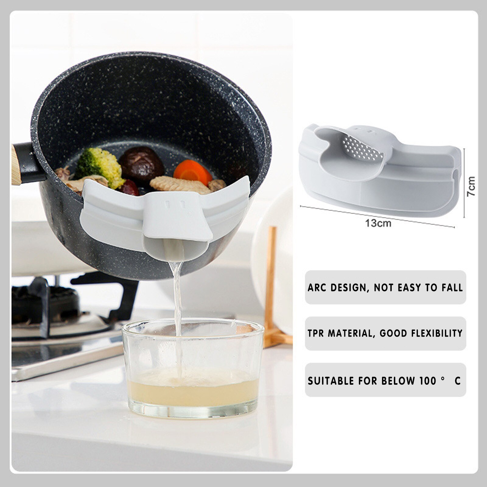 Outil de cuisine Anti-déversement en Silicone, outil de vidange extensible, filtre à eau au bord de la casserole, entonnoir pliable Pour soupe