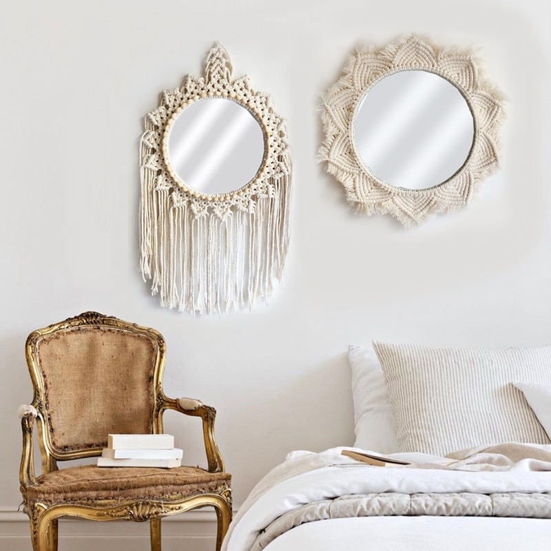 Macramé, espejos colgantes de pared Ins, espejos nórdicos hechos a mano, tapiz de pared, porche de casa, espejos para el hogar, maquillaje, cuarto de baño