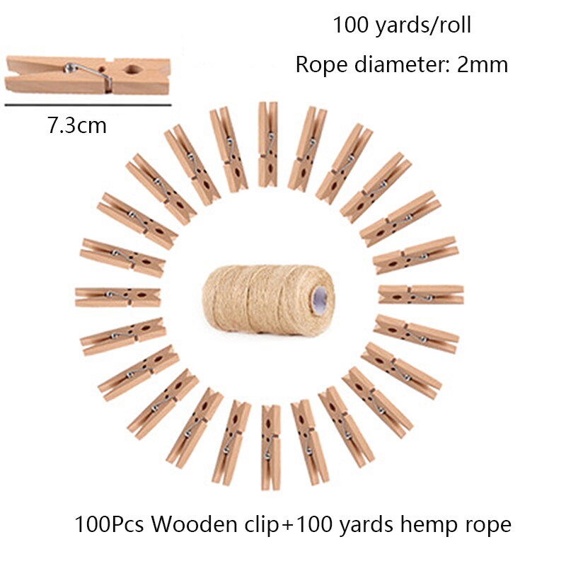 Pinza para fotos de madera de 100 Uds., pinza de madera decorativa, cuerda de cáñamo de 100 yardas, pinzas para ropa de almacenamiento para el hogar, pinzas decorativas: 7.3cm