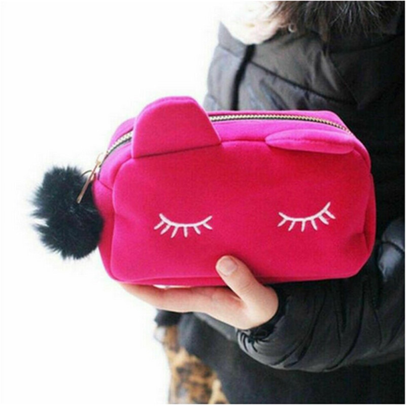 Cute Flannel Small Cosmetic Bags Women Makeup Cartoon Cat Storage Bags Travel Organizer Pen Pencil Pouch Bags