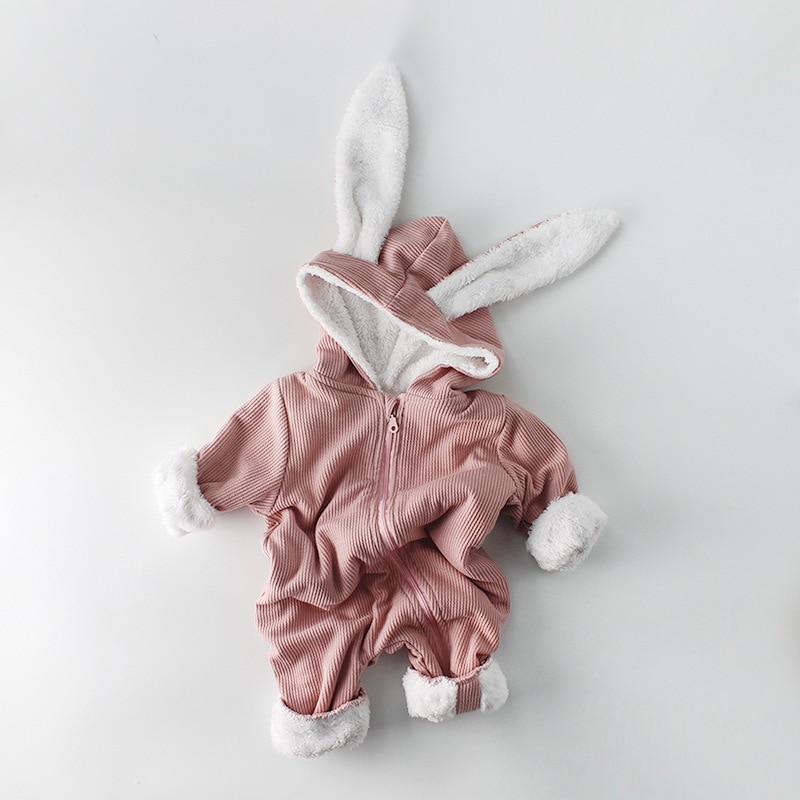 Bunny Baby Winter Rompertjes Voor Jongens Jumpsuit Pluche Voering Baby Meisje Romper Lange Oren Hooded Baby Onesie Peuter Baby Kleding 1Pc