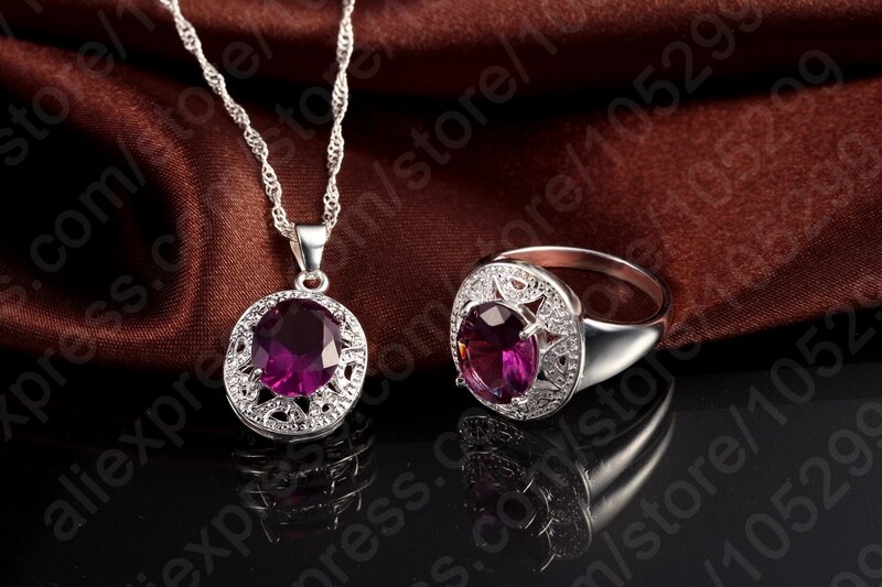Kvinder 925 sterling sølv lilla krystal vedhæng halskæder ørering ring sat til bryllup engagement smykker