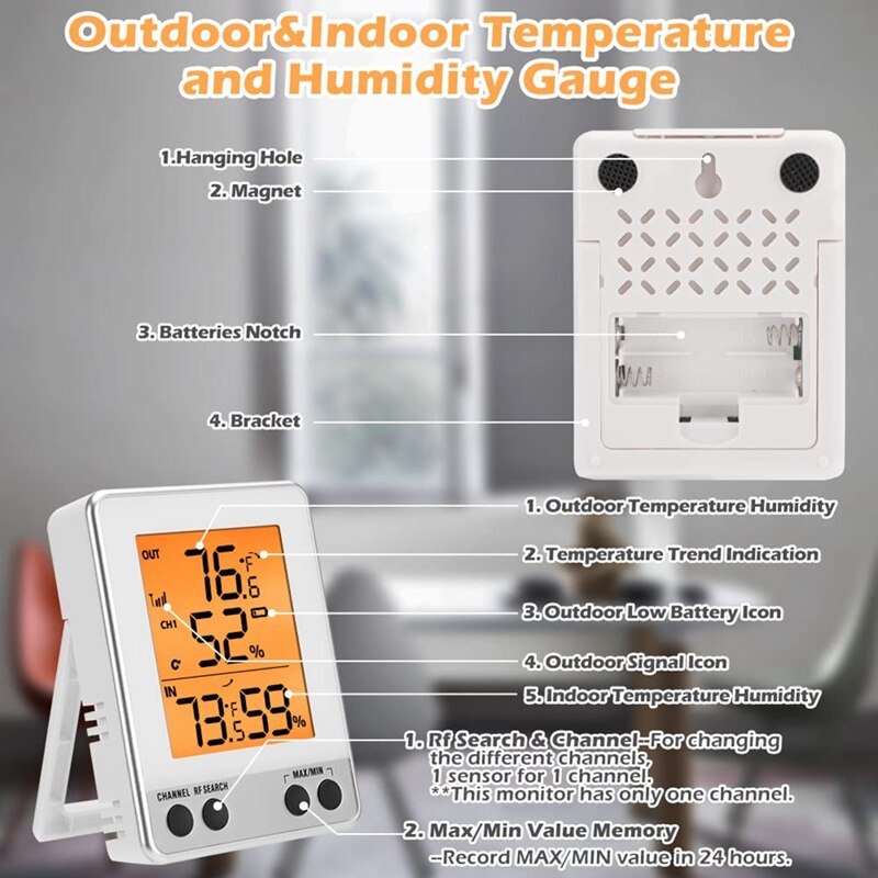 Draadloze Temperatuur Vochtigheid Monitor Met Sensor, Indoor Outdoor Digitale Weerstation Met Backlight Lcd Display