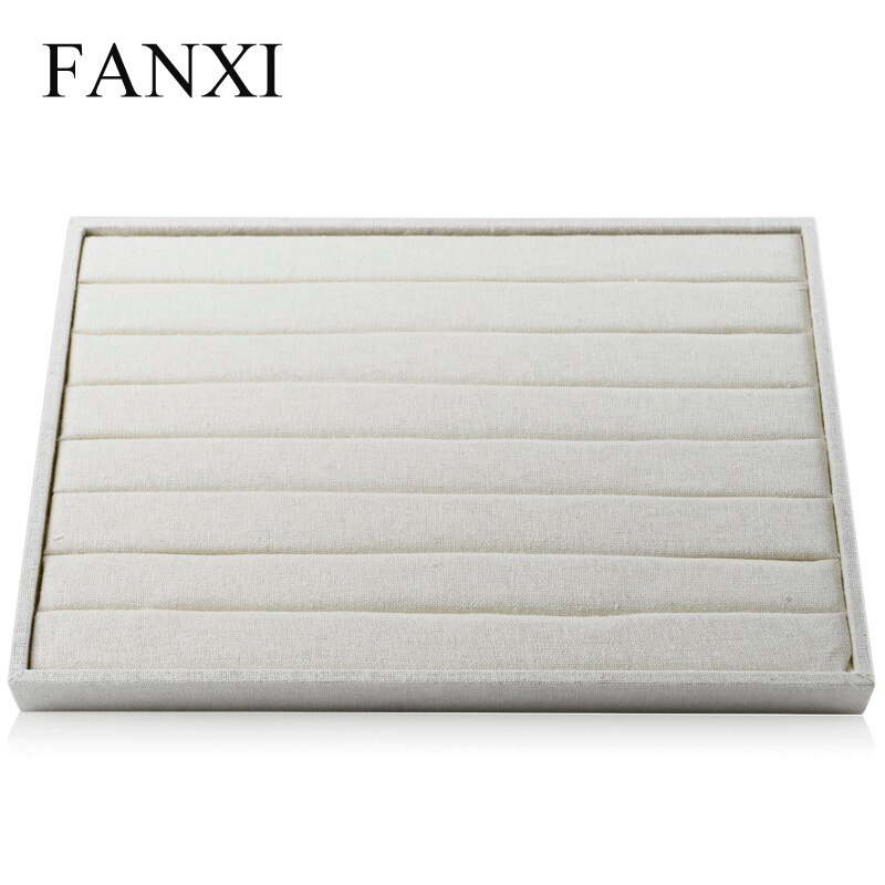 Fanxi træ smykker pakningsbakke med linned til smykker butiksdisk og vinduesbeige linned ringbakker
