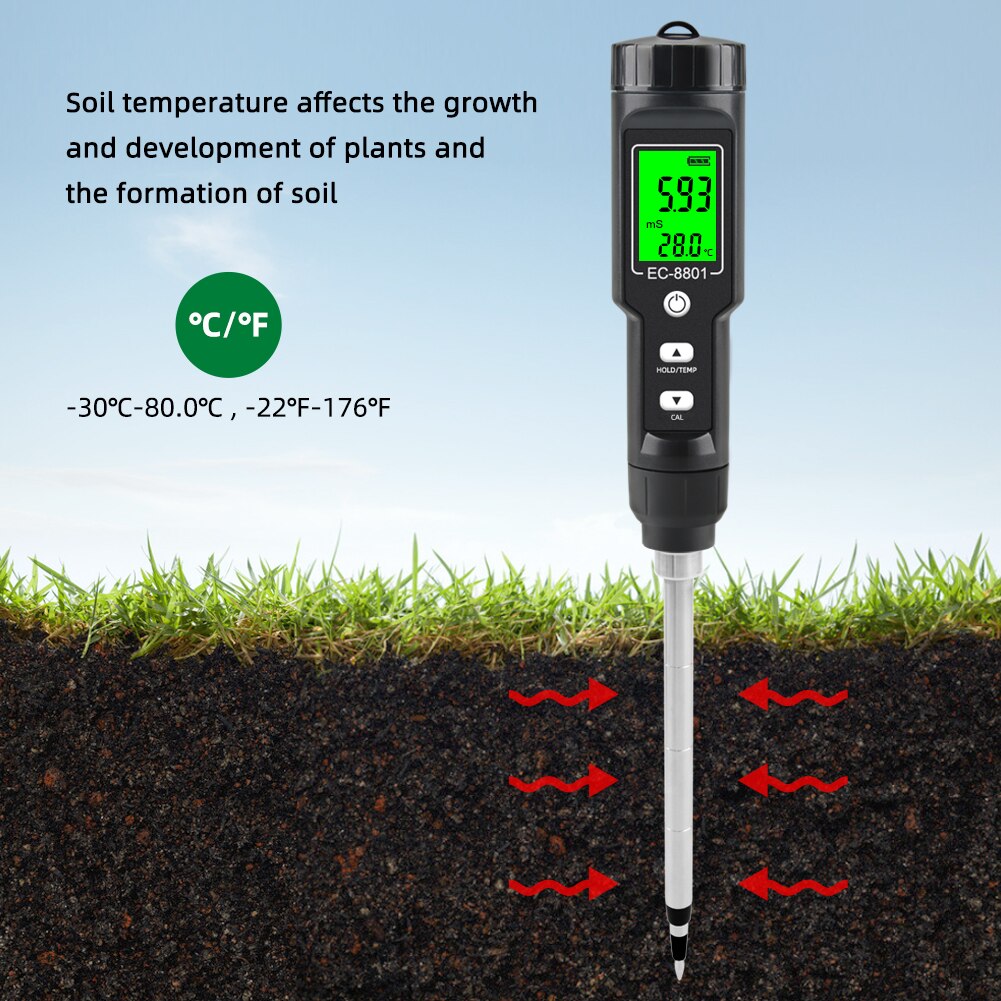 Soil EC Meter Temperature Tester Measurement Analysis Digital Backlit LCD Display Waterproof Instrument for Testing Planting