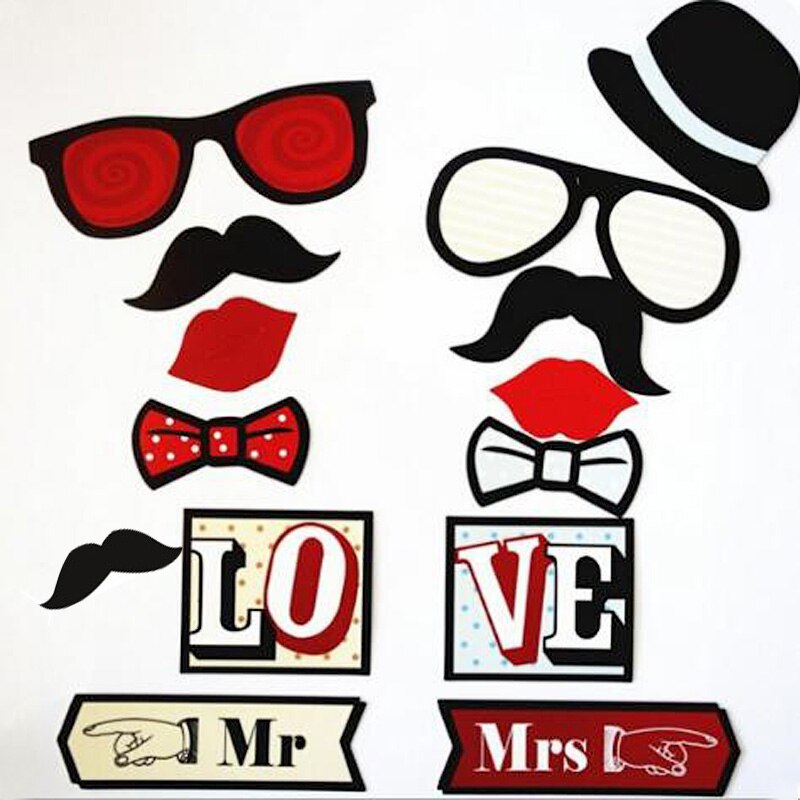 14pcs/set Wedding Party Photo Props Mask Set Beard Hat Glasses Lips Bow Tie Party Decoration Photo Props