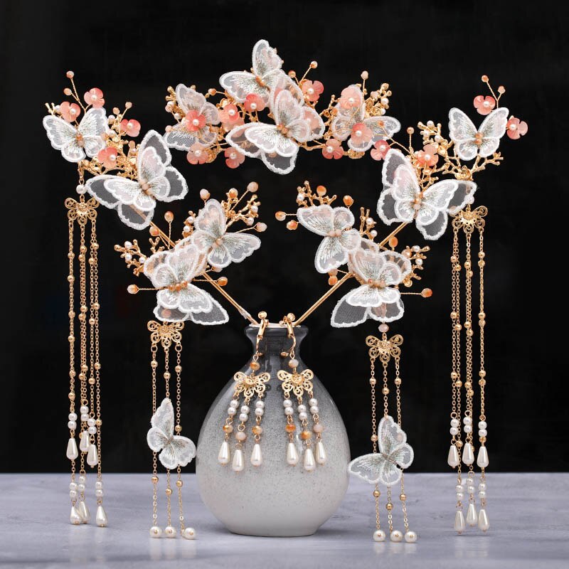 FORSEVEN papillon fleur étape secouer longue gland cristal perles épingles à cheveux Clips cheveux peignes oreille Clips chinois mariage bijoux ensembles