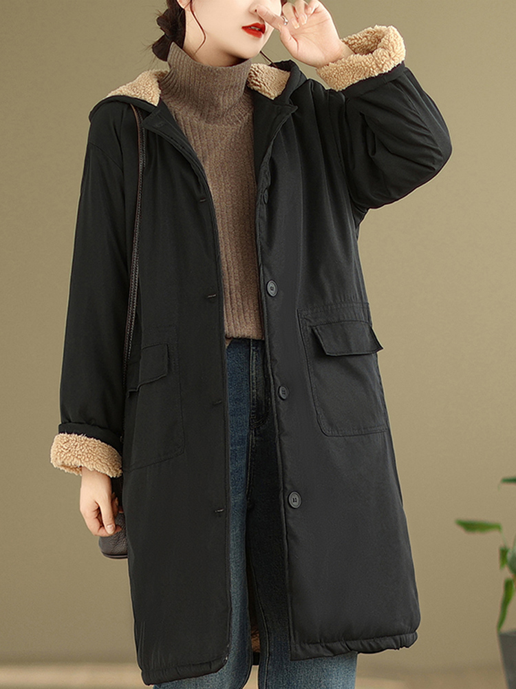 Rysk stil plus sammet tjock varm lång parkas vinter litterär bomullsvadderad kappa huva ytterjackor för kvinnor: Xl / Svart