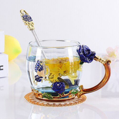 Röd blå ros emalj kristall tekopp kaffekopp fjärilsrosa målad blomma vattenkopp genomskinligt glas sked set  lb51232: Blå a