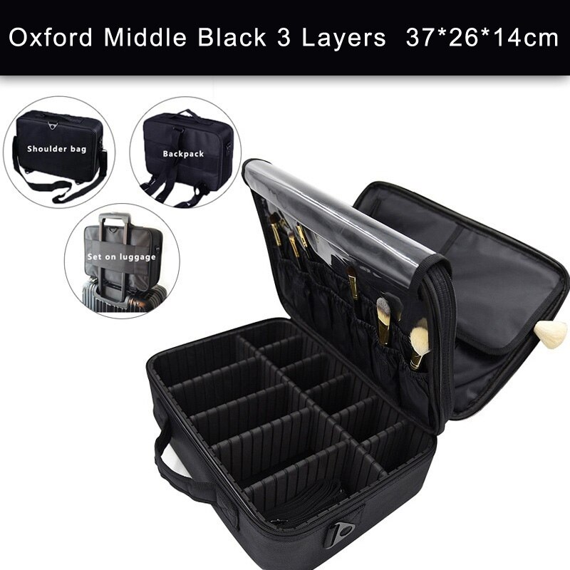 Leather Clapboard Cosmetic Bag Make Up Box Large Capacity Storage Handbag Travel Insert Toiletry Makeup suitcase: Middle Oxford Black