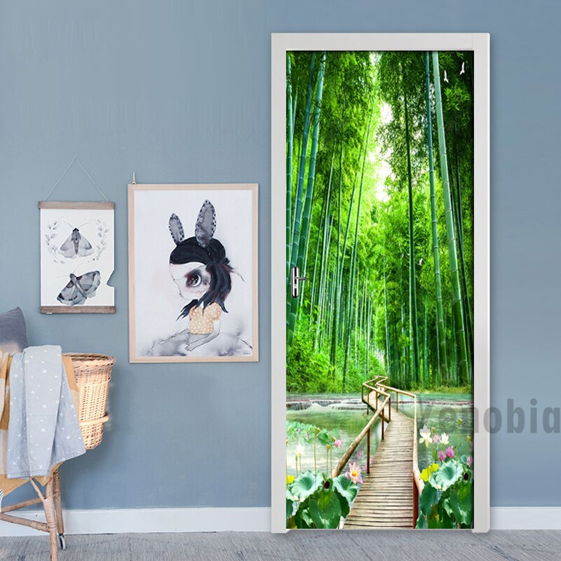 3D Muur Deur Sticker Bamboe Bos Brug Behang Woonkamer Slaapkamer Home Decor Plakken Pvc Zelfklevende Waterdichte 3D muurschildering