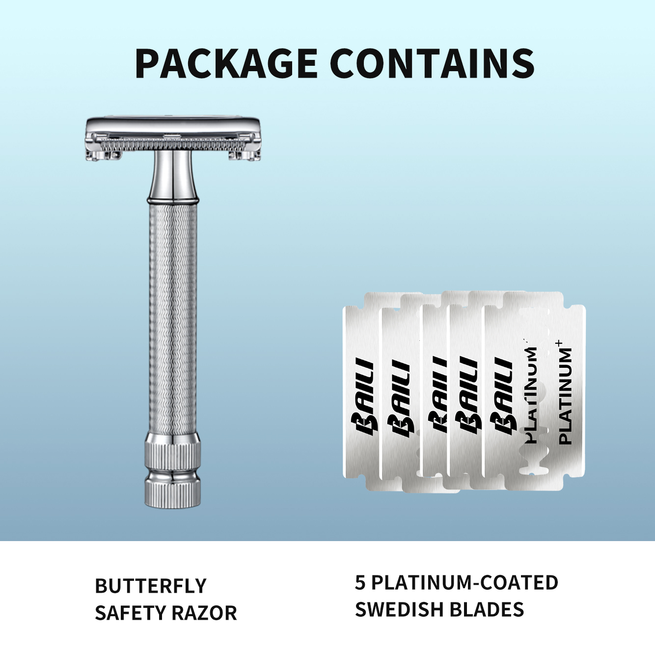 Baili Vlinder Dubbele Rand Veiligheidsscheermes Roestvrij Staal Handmatige Herbruikbare Natte Shave Voor Mannen Vrouwen Met 5 Platina Messen BRB4D-SI