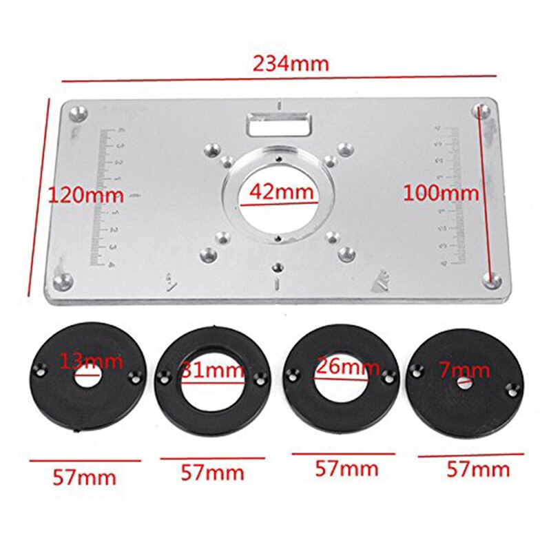 Router Table Plate 700C Aluminum Router Table Insert Plate + 4 Rings Screws for Woodworking Benches, 235mm x 120mm x 8mm(9.3inch