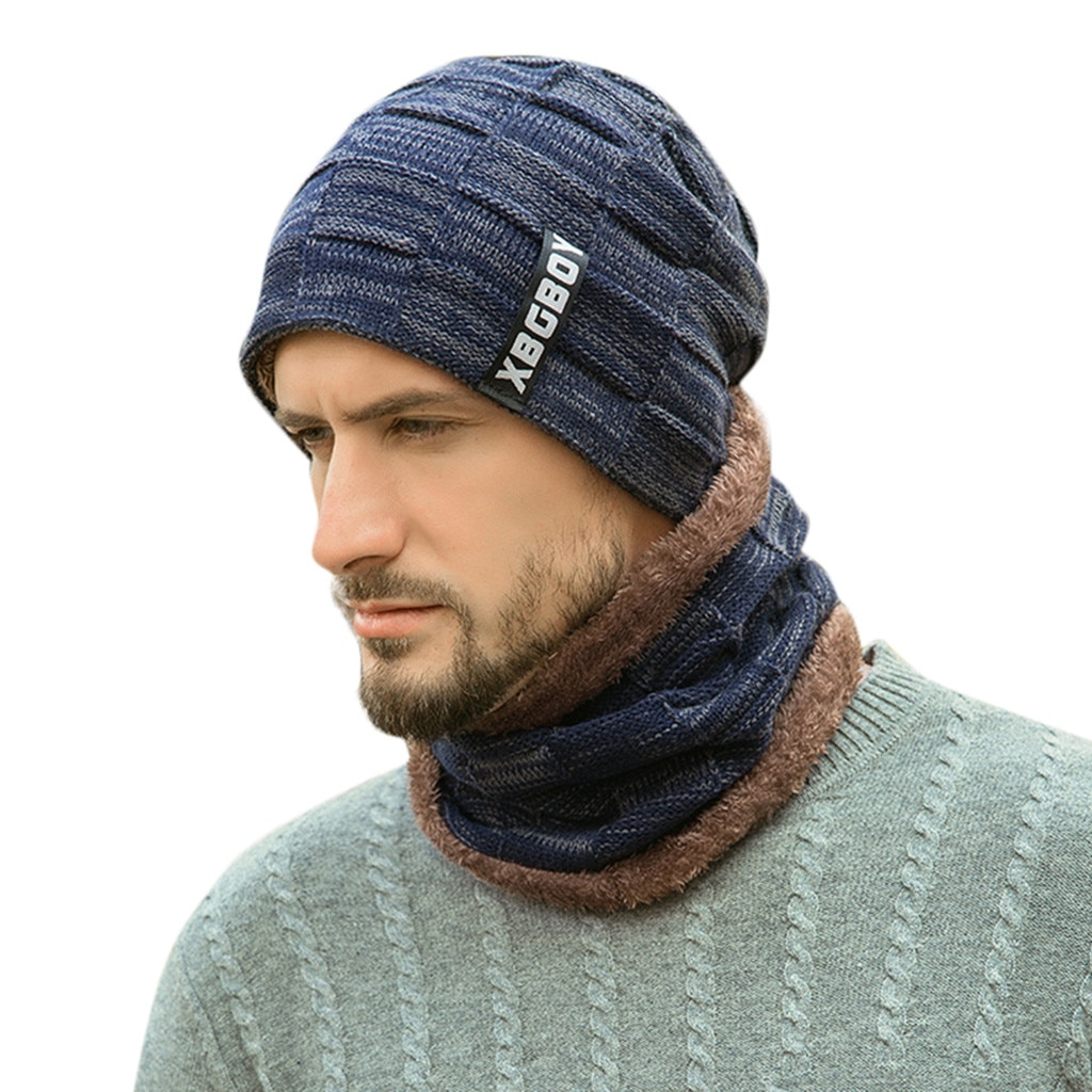 2Pcs Cap and Scraf Male Oversize Warm Hats Scarfs Accessories Causal Unisex Winter Scarf Hat man Warm Scarf And Hats: Navy Blue