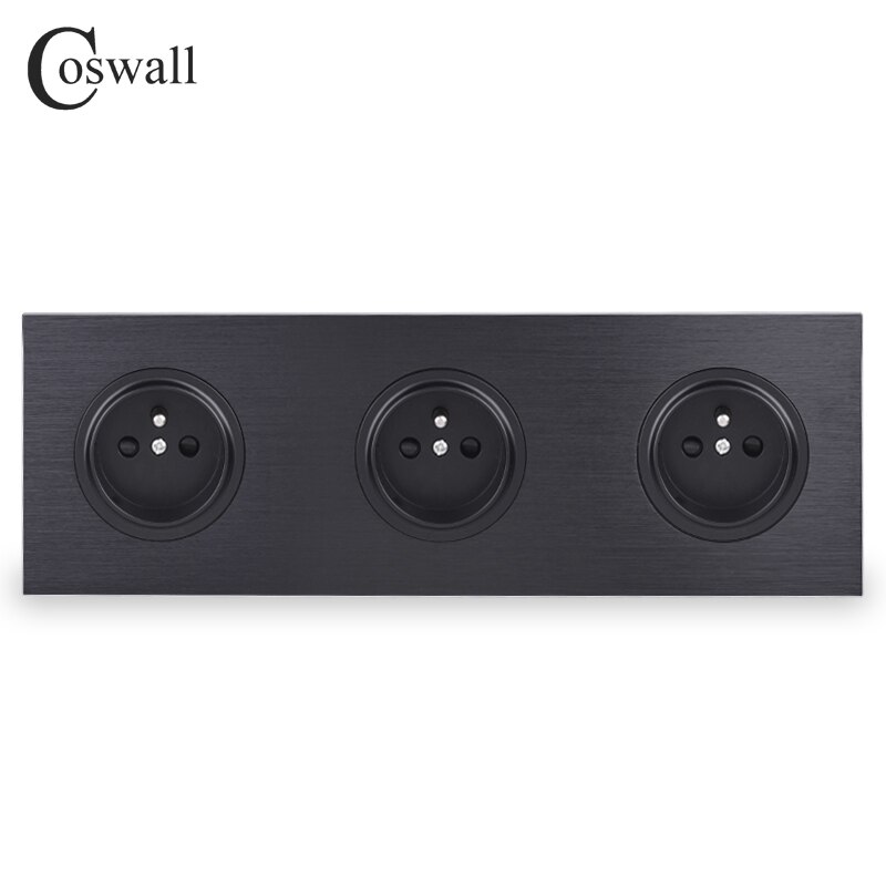 Coswall svart / silvergrå borstad aluminium metall panel trippel fransk standard vägguttag jordad med barnskydd: Helt svart