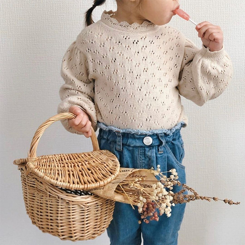 Prinzessinnen-strickpullover mit spitze, rüschenkragen, langen puffärmeln, durchbrochenem oberteil für freundlicher, Baby-mädchen-kleidung, kinderoberbekleidung