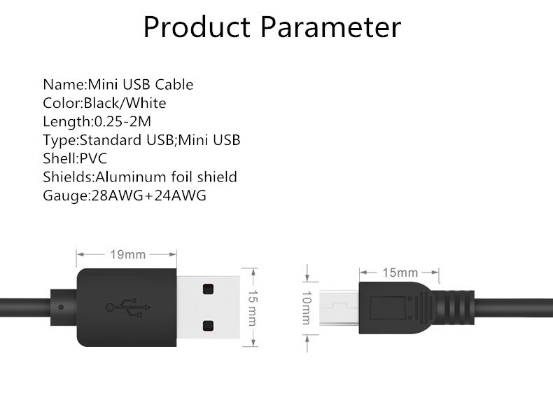 Cable Mini USB 0,25 m 0,5 m 1m 1,5 m 2m sincronización de datos Cable de cargador USB para MP3 MP4 Player GPS Cámara teléfono móvil Mini USB