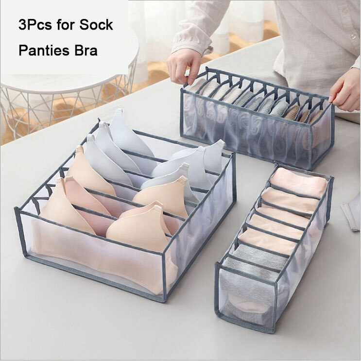 Organizador de armarios para calcetines, caja de almacenamiento de ropa interior separada, organizador de sujetador, cajas de cajones para dormitorio, 6/7/11 rejillas: 3Pcs Gray Blue