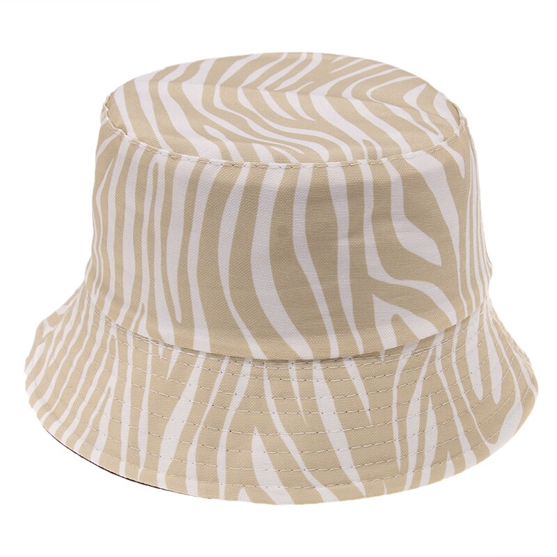 Rævemor reversibel sort hvid stribet zebra print spand hatte til kvinder gorras fisherman caps sommer: Khaki zebra