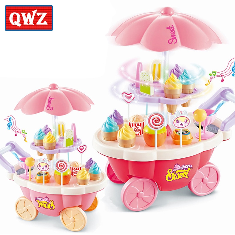 QWZ Pretend Play Kitchen Toys For Children Oyuncak Super Funny Icecream Candy Car With Light Music Rotatable Toy For Girl