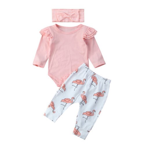 3 stk / sæt nyfødte baby børn pige tøj romper shirt toppe + flamingo bukser leggings + pandebånd outfits træningsdragt: 18m