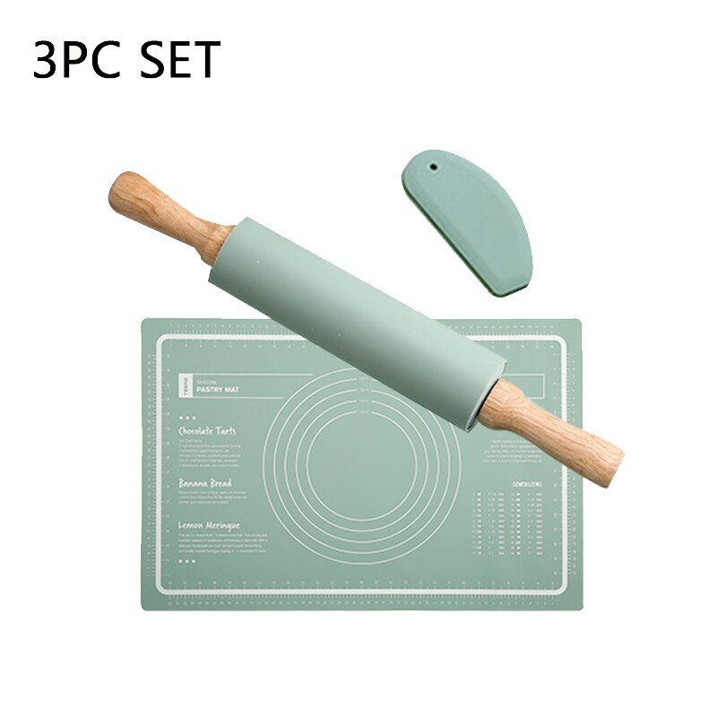 Silicone Kneading Pad Set 3 Pieces Pastry Mat with Measurement Rolling Pin Cutter Counter Broad Cake Baking Dough Cookies Mat: Green Set