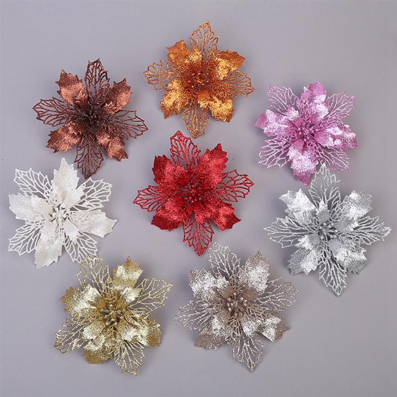 24 Stks/set Kerst Bloemen Ornament Mode Glitter Faux Xmas Bloem Feestartikelen Kerstboom Decor Accessoires