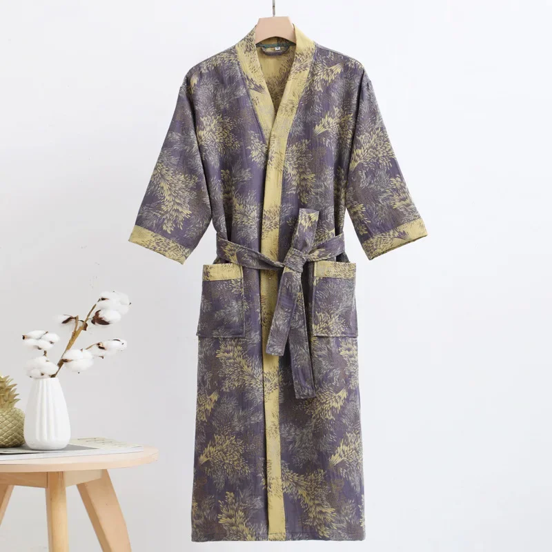 Albornoz de gasa de doble capa de algodón puro para primavera/verano, tela fina teñida, ropa de hogar para parejas, bata tipo kimono de estilo japonés, pijama