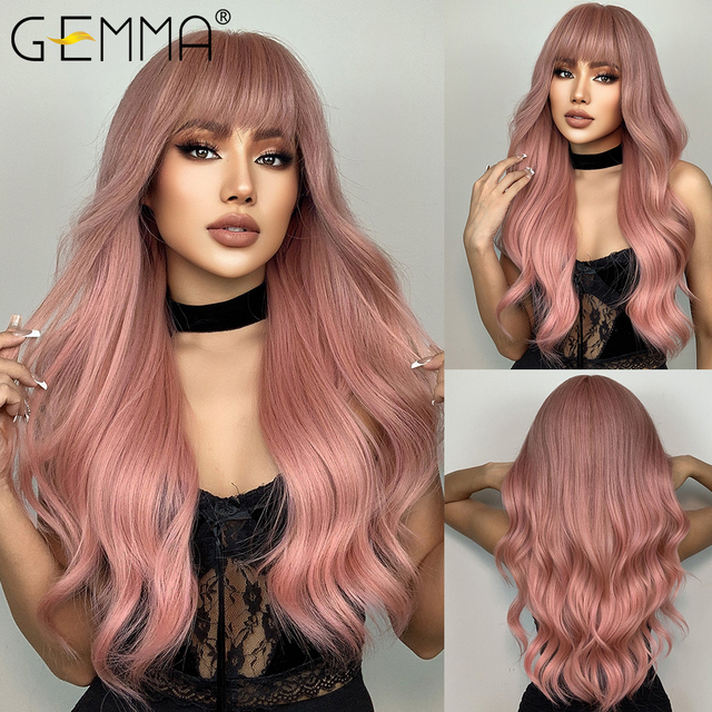 GEMMA Dark Brown Long Curly Synthetic Wig Deep Wave Cosplay Hair Wigs with Wavy Bangs for Women Daily Party Heat Resistant Fibre