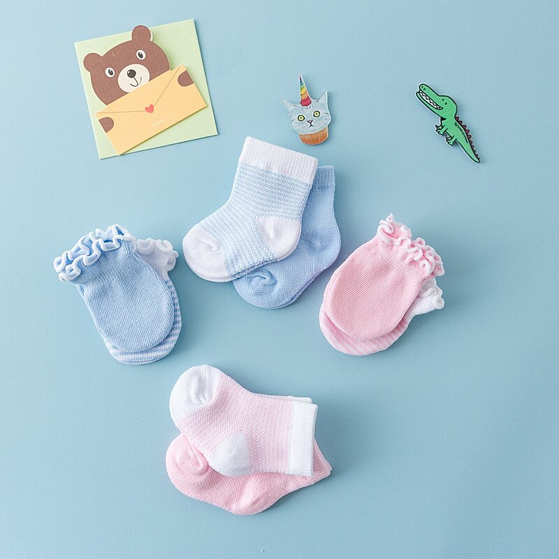 Baby Cotton Socks toddler Infants Anti-Scratch Gloves boys Soft solid Socks 0 to 1 years girls Gloves + Socks 1 set for baby