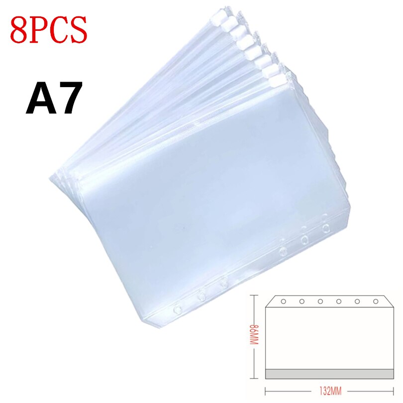 KDD Binder Pockets A5/A6/A7 Binder Loose Leaf Bag Clear Zipper Folders For 6-Ring Notebook Binder Pouch Document Filing Bags: A7 8PCS