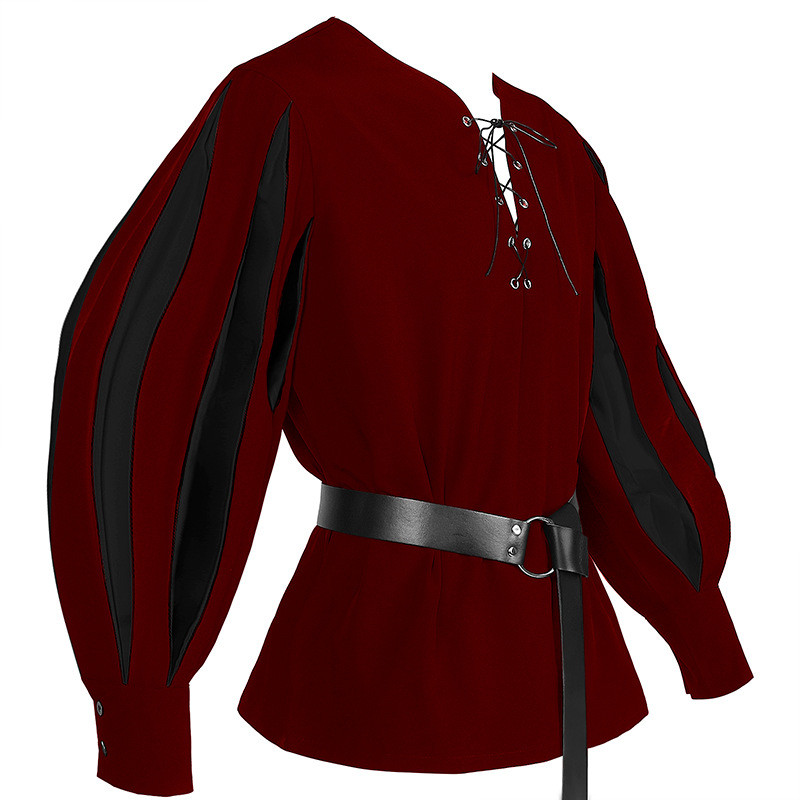 Top gótico con cordones en contraste oscuro para hombre, camisa informal Vintage Medieval renacentista, ropa suave holgada, camisa de manga larga con pretina: L / Rojo