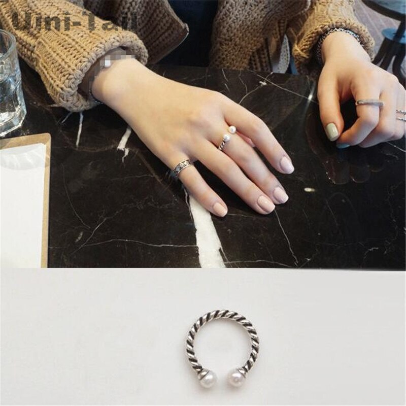 Uini-Tail Korea 925 Sterling Silver Personality Retro Twist Pearl Open Ring Pearl Trend