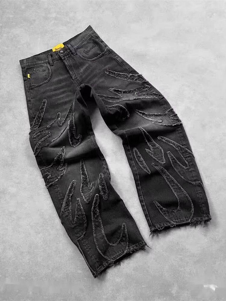 2024 Ropa Y2K Streetwear flamme broderie Baggy empilé jean pantalon pour hommes vêtements Harajuku Vintage femmes gothique Denim pantalon: XXXL / Bleu