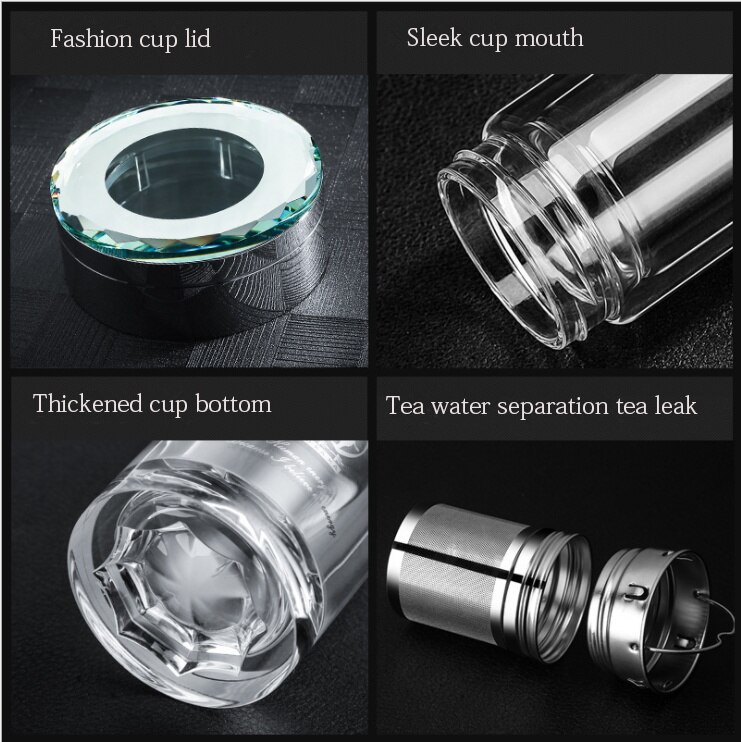 300 ml 380 ml commerciële water glazen fles met roestvrij staal thee scheiding filter Dubbele glas sport water cup