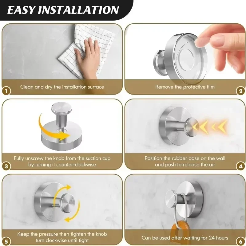 Ganchos de ventosa de acero inoxidable, gancho montado en la pared sin perforaciones, soporte para colgar toallas, ventosa de vacío para baño y cocina, 6/1 ud.