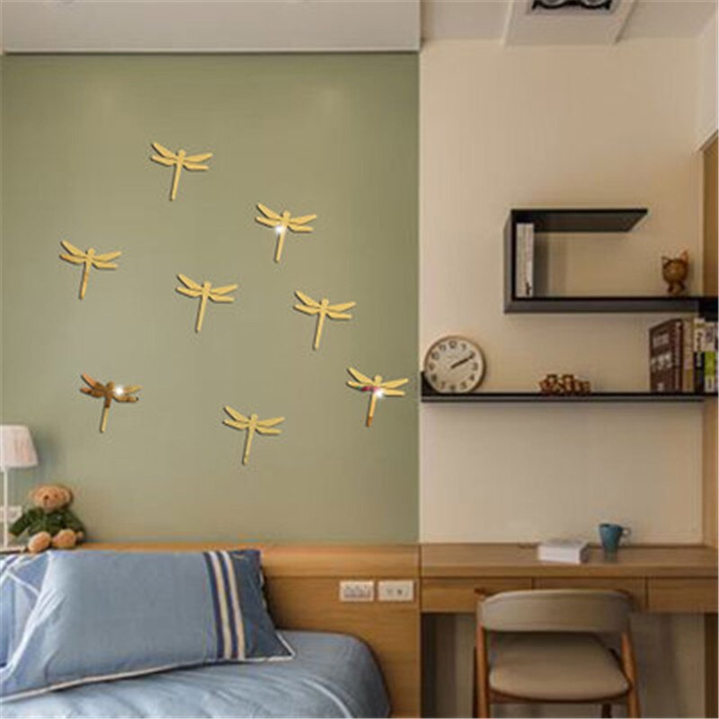 Figura geométrica de Animal espejo pegatina de pared 3D espejo de libélula pegatina de pared sala de estar dormitorio espejo acrílico pegatina decorativa