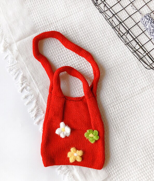Sød blomst strik pige diagonal taske blomst strik tasker klud skuldertaske børn piger taske strik crossbody taske blomst vævet håndtaske: Rød