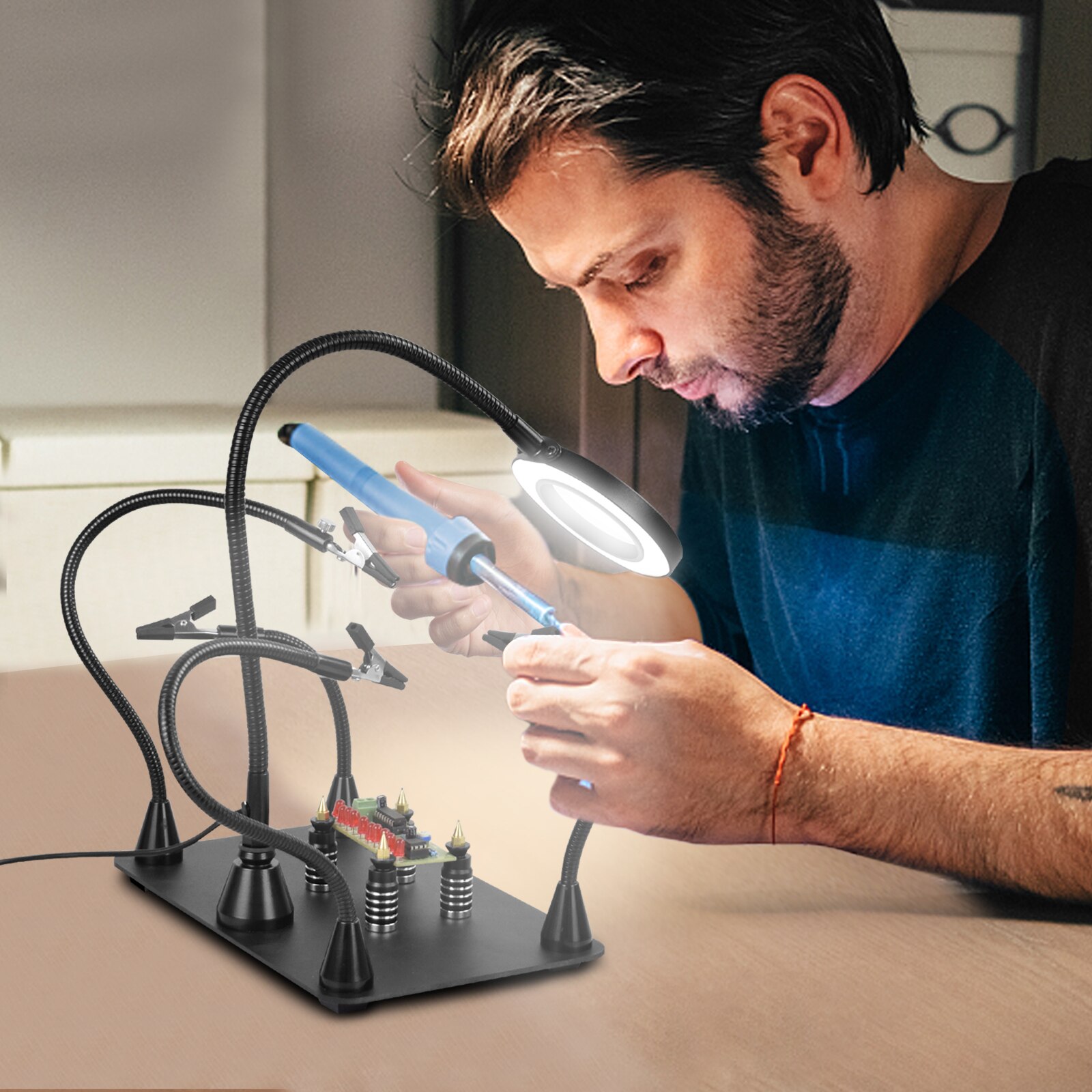 NEWACALOX Helping Hands Third Hand Soldering Station for PCB Holder 4 Flexible Magnetic Arms with 3X LED Magnifier Welding Tool