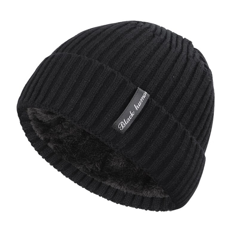 Winter Plus Velvet Thick Warm Knit Hat Women Men Solid Color Casual Beanies Soft Cap Bonnet Cotton: Black