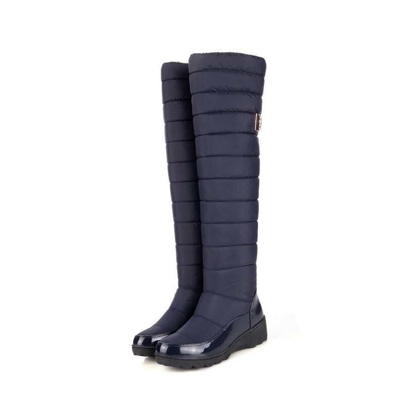 MEMUNIA russie bottes d'hiver femmes genou bottes bout rond bas fourrure dames cuisse neige bottes chaussures imperméable botas: Bleu / 9