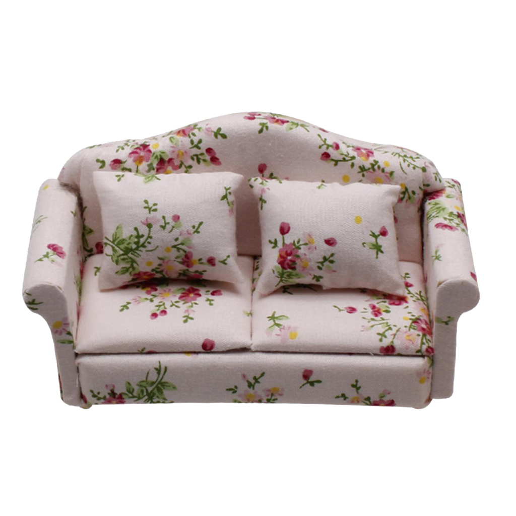 Miniatura della Mobilia del Dollhouse A Righe/Floreale Divano Divano con Cuscini per la Casa di Bambole: Floral Love Seat