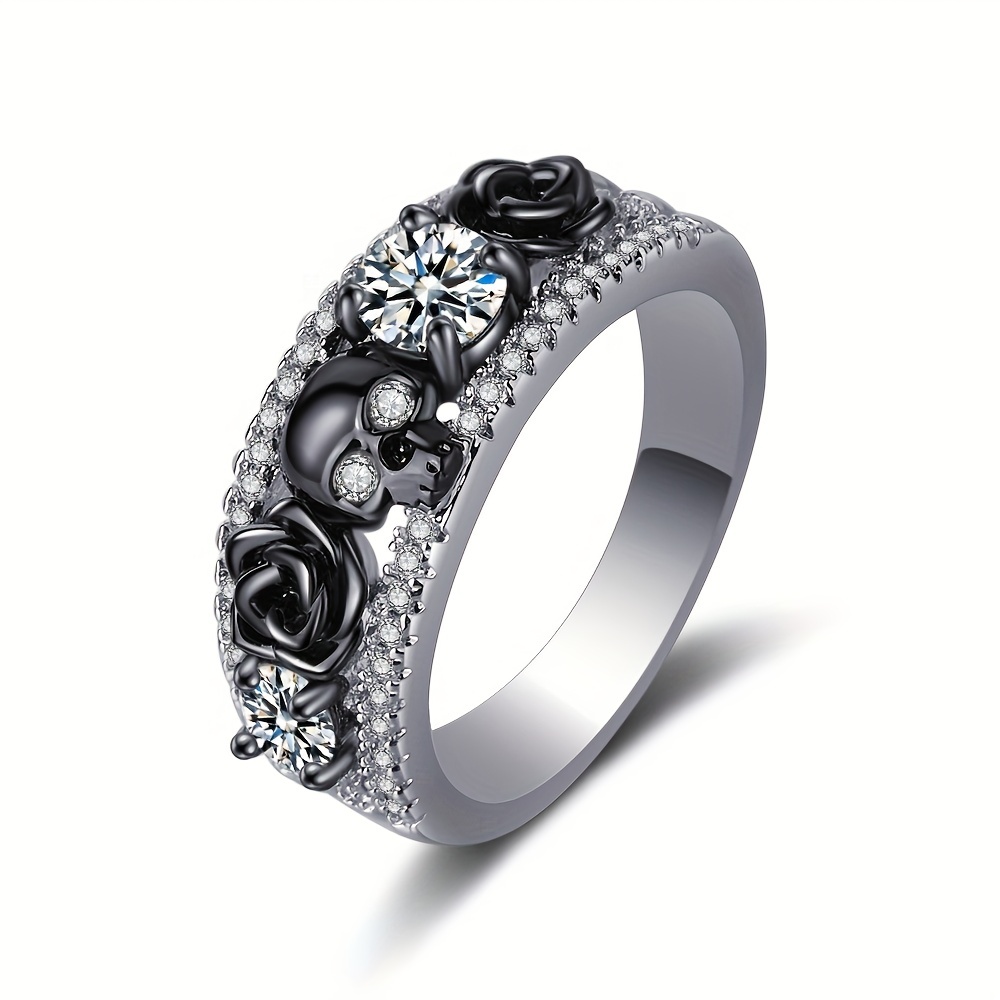 Punky Style Ring Horror Skull & Rose Paved Shining Zirconia Suitable for Men and Women Rings: 9 / WHITE