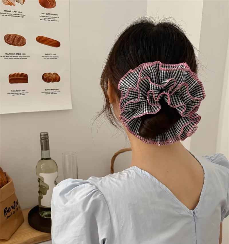 Retro Colorful Lattice Ruffles Hair Scrunchies Headbands for Women Girls Sweet Romantic Hair Rope Rubber Band Hair Accessories