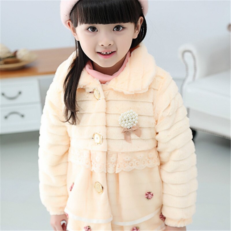 Meisjes Bontjas Kleding Met Parel Kanten Bloem Herfst Winter Dragen Kindje Kinderen Faux Fur Jurk Jurken Stijl Jas: Beige / 4T