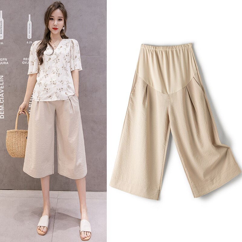 Sommar gravida kvinnor bomull och linne vidbenta byxor lösa enfärgade byxor för gravidmage lösa casual culottes