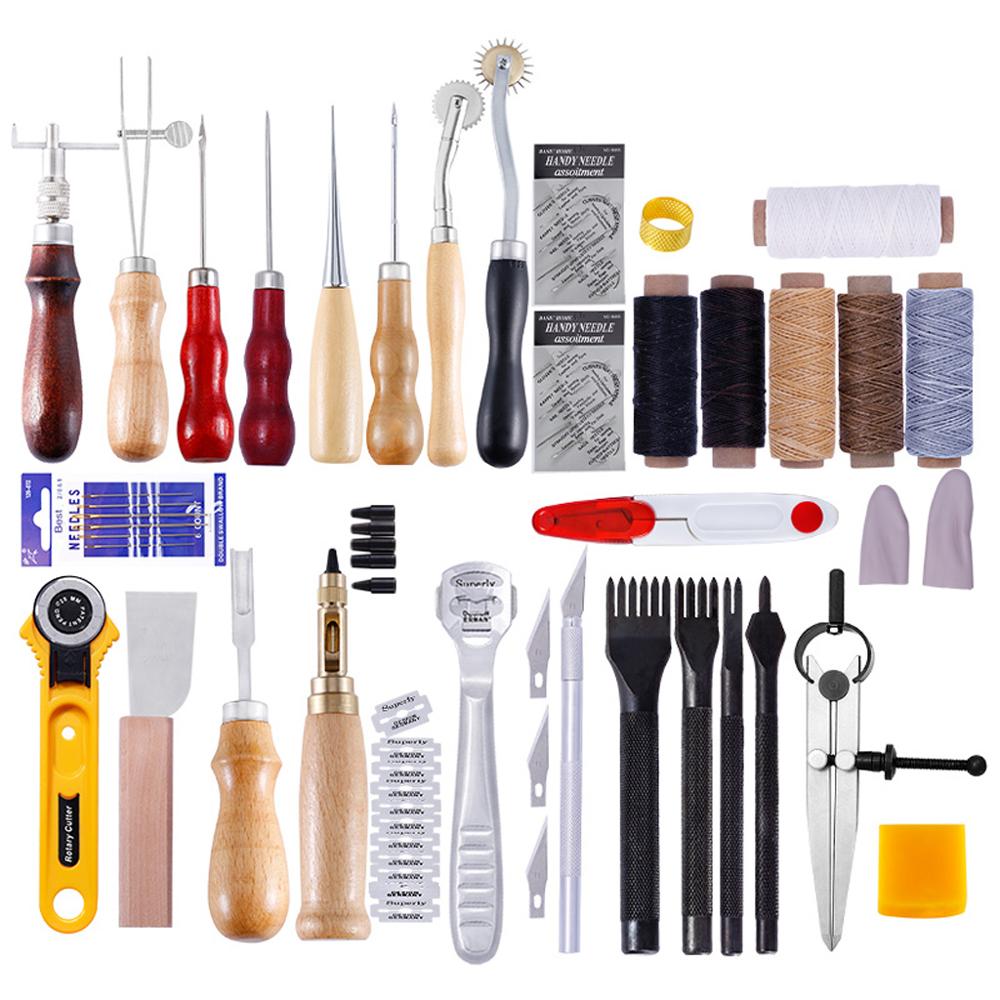 Leather Craft Hand Stitching Sewing Tools Kit Waxed Thread Awl Thimble Scissors Needles Ruler Set DIY Manual Leathercraft